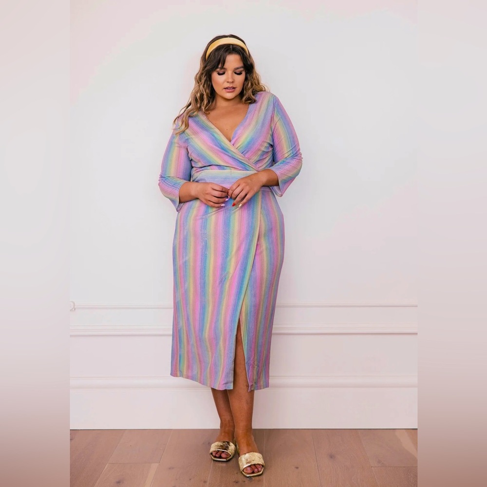 JessaKae Faux Wrap Style Pastel Rainbow Dress